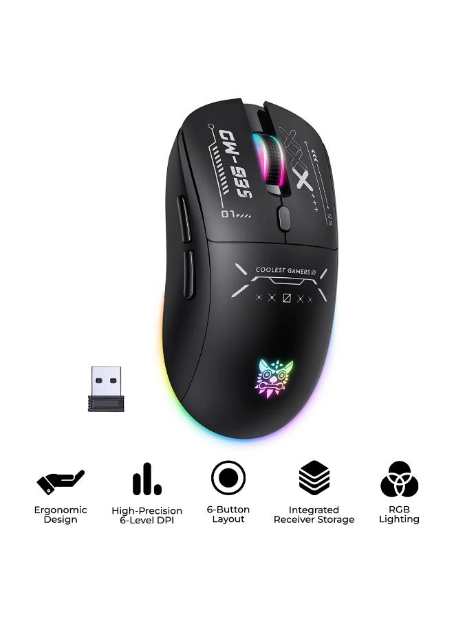onikuma CW935 RGB Tri-Mode Wireless Gaming Mouse with 2.4GHz, Bluetooth and Wired Connectivity, 6-Level Adjustable DPI up to 12800, Ergonomic Design and Hidden USB Receiver Storage for PC and Gaming Devices (Black) - Image 2